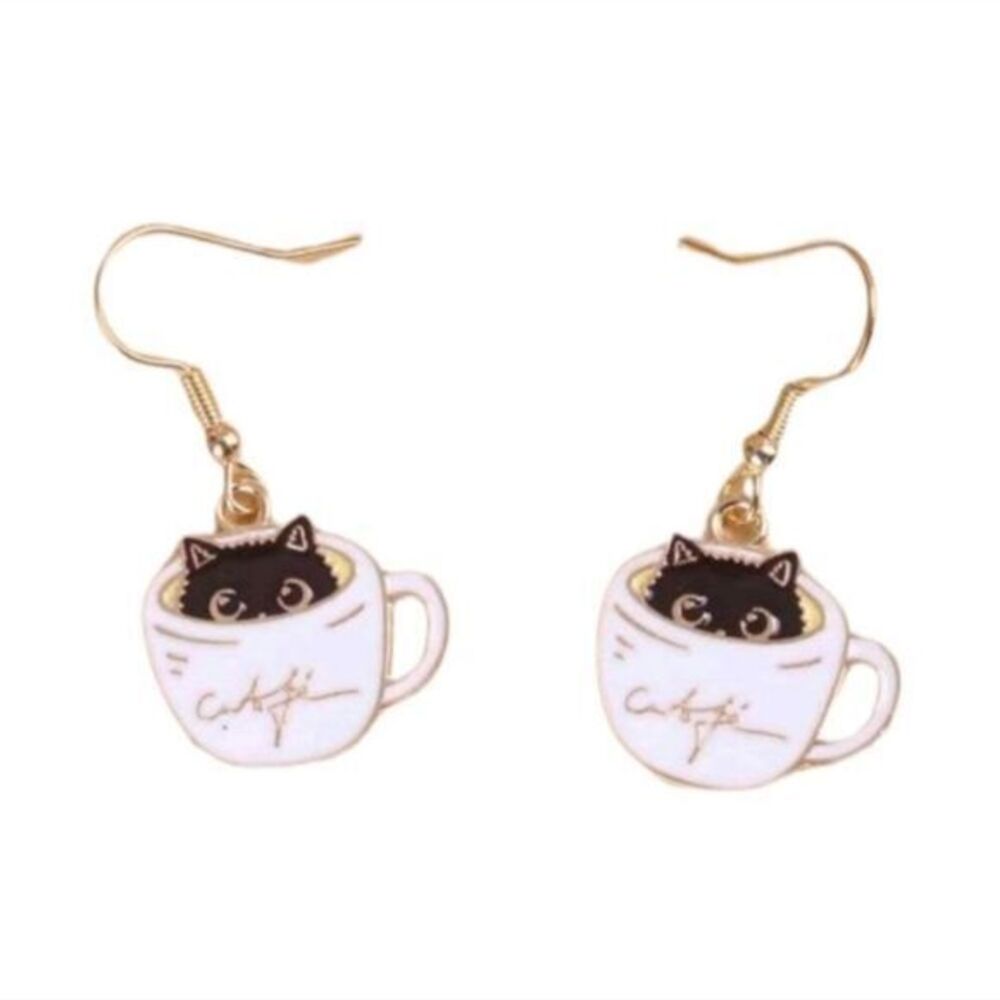 Adorable Black Cat in a Coffee Cup Dangle Earrings‎